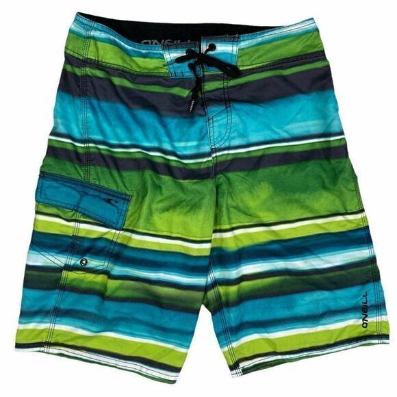 O’Neill Board Shorts Swim Trunks Men’s Size 29 Green Striped Surf Beachwear - Picture 2 of 9